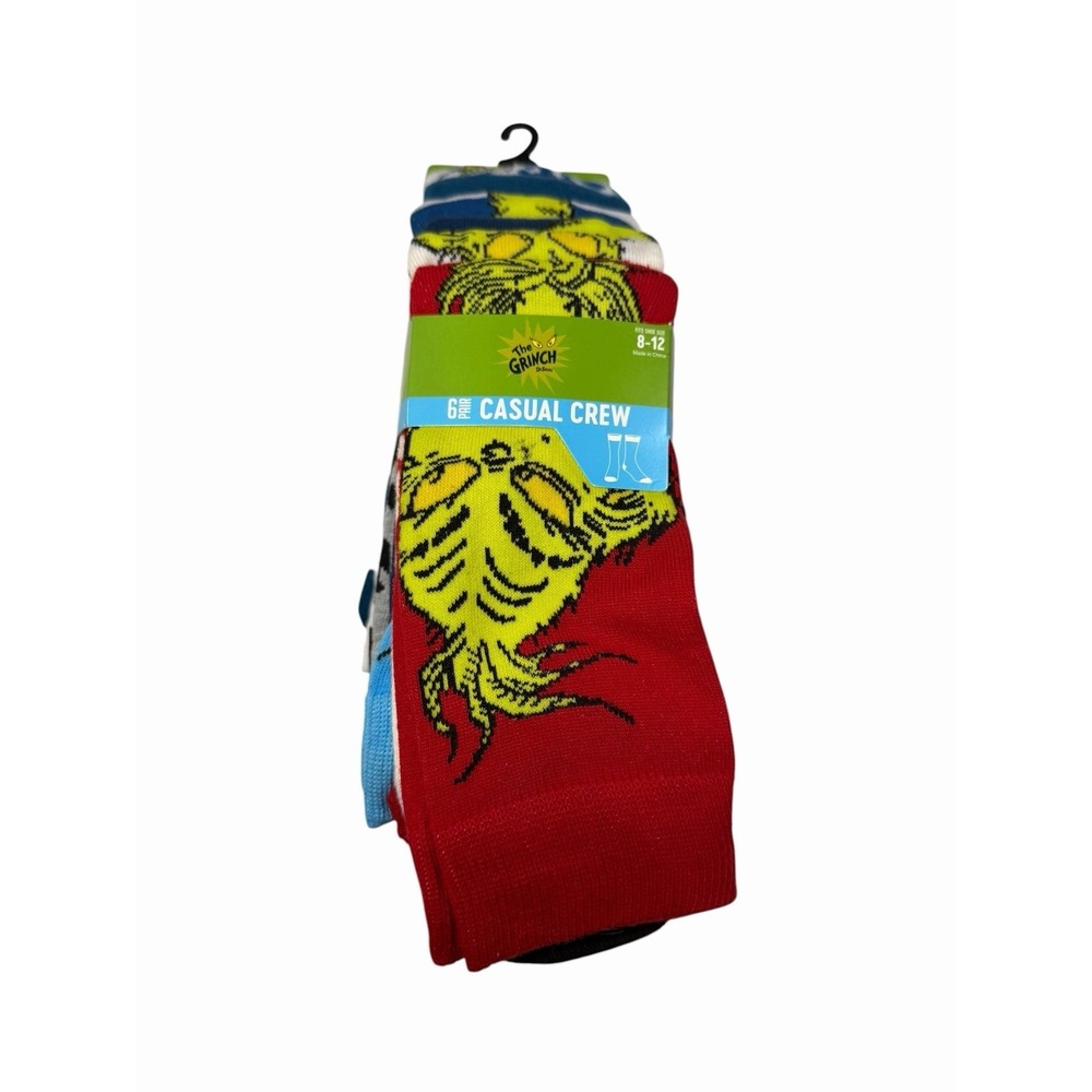 the grinch mens 6 pairs casual crew socks size 8-12 bioworld